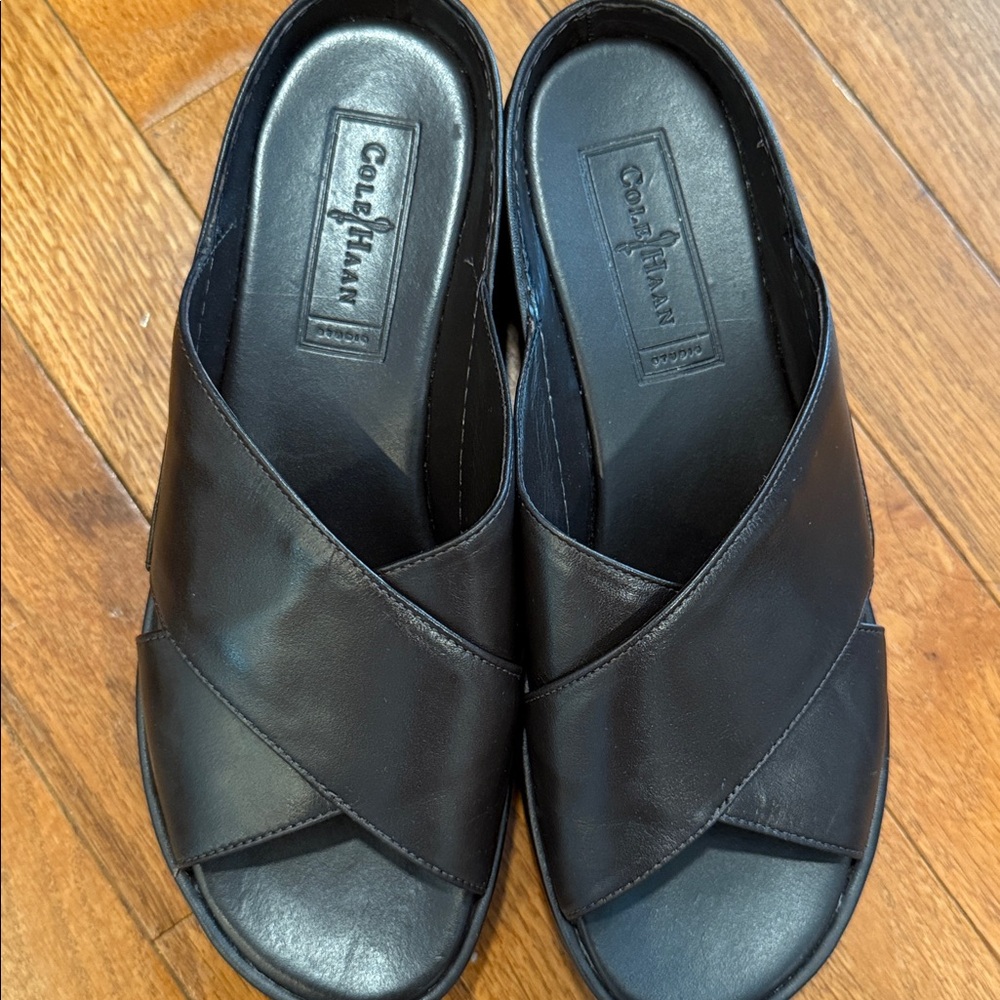 Cole Haan Brown Leather Cross Strap Slides